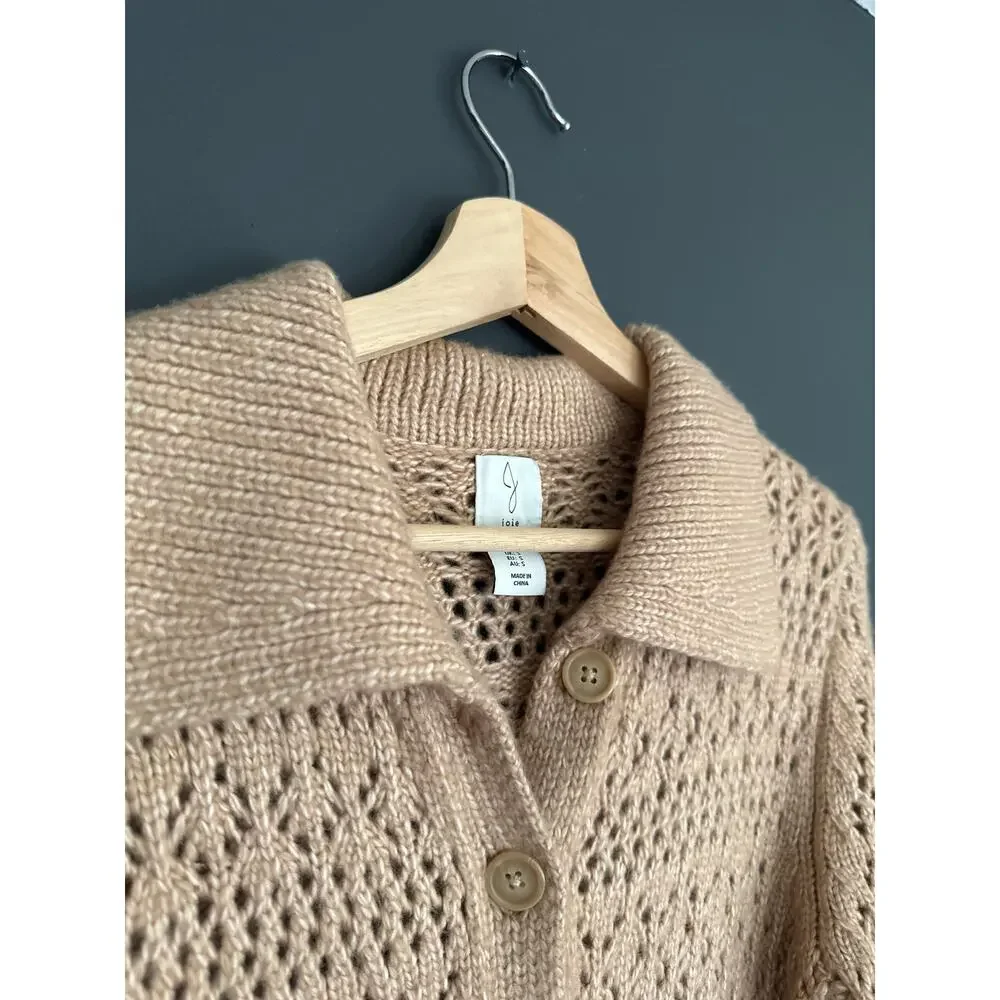 Joie Crochet Open Knit Collared Button Down Cardigan Sweater Tan Size Small